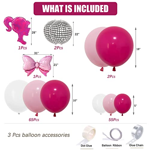 Pink Balloon Garland Hot Pink Rose Red Light Pink Matte White Balloons Silver Disco Ball Bow Princess Balloon Arch Kit For Barbie Party Decoration Birthday Girl Baby Shower Barbie Theme Party Backdrop #TOP1