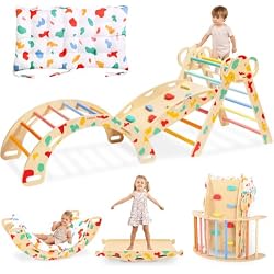 WINGYZ Pikler Triangle Set, Montessori 8-in-1 Climbing Set with Cushion | Wood Jungle Gym for 18M-5Y, Foldable, Reversible Animal Slide, Patent-Protected, 2.35in Gap, ASTM F963, Rainbow