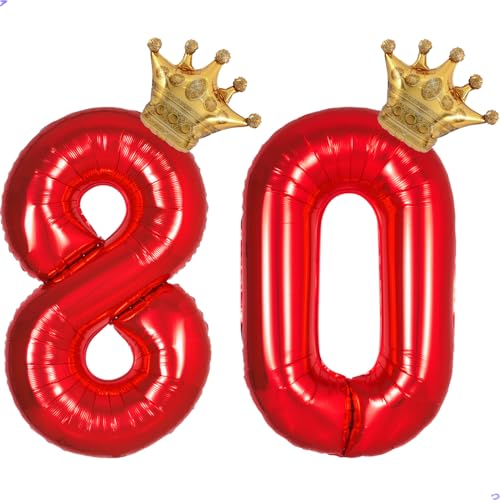 Red 80 Balloon Numbers 40 Inch Giant 80th Birthday Balloons, Helium Mylar Foil Number 80 Balloon for Red and Gold 39th Birthday Party Decorations Supplies Crown Balloons