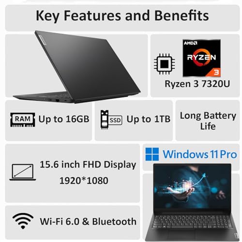 Image of Lenovo New V15 Business and Student Laptop, AMD Ryzen 3 7000 Series(Beat i7-1160G7), 16GB DDR5 RAM, 512GB PCIe SSD, 15.6 inch FHD IPS Display, Ethernet Port RJ-45, Windows 11 Pro, WOWPC USB, No Mouse