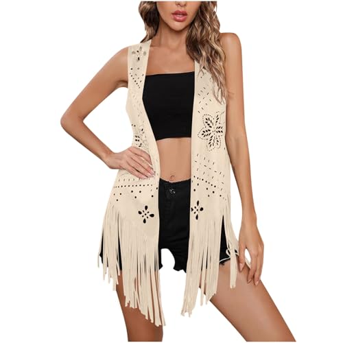 Women's Vintage Cowgirl Tassel Vests 60s 70s Hippie Sleeveless Faux Suede Fringe Outerwear Western Boho Cardigan