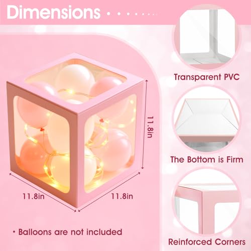 Image of Ledido Baby Boxes with Letters for Baby Shower Decoration, 4 pcs Clear Baby Balloon Boxes Blocks with LED Fairy String Lights 38 Balloons for Boy Girl Gender Reveal Birthday Party (Pink)