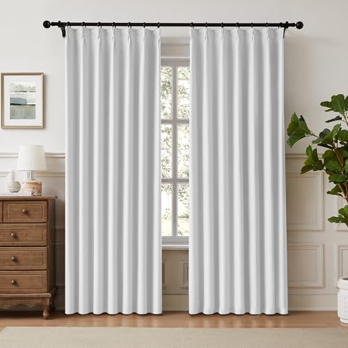 FAPLIGLISY White Pinch Pleated Full Blackout Curtains Thermal Insulated Window Curtains 63 inch for Bedroom Living Room Darkening with Hooks Rings Back Tab Pinch Pleat Drapes, 2 Panels 40
