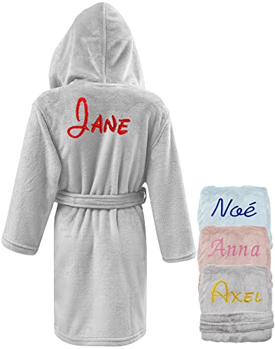 kdo-magic - Peignoir enfant personnalisé - Brodé avec un prénom - Plusieurs coloris - Robe de chambre customisée (Gris)