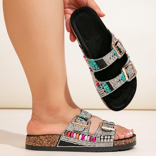 Bohemian Double Buckle Sandals, Cork Sole Slides with Turquoise Beads, Silver Rhinestone Straps, Colorful Crystal Embellished2