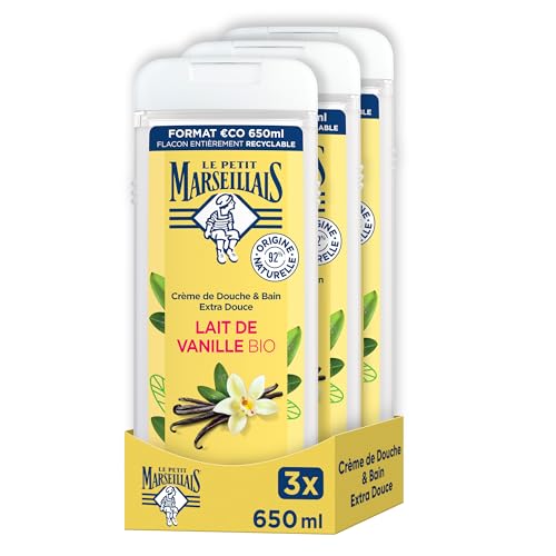 Le Petit Marseillais Crème de Douche Extra Douce Lait de Vanille BIO (lot de 3x650 ml) –avec 92 % d'ingrédients d'origine naturelle – pH neutre pour la peau et sans colorant