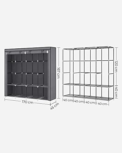 SONGMICS Szafa z materiału, szafa na ubrania, 4 kieszenie boczne, dużo miejsca, szara RYG094G02