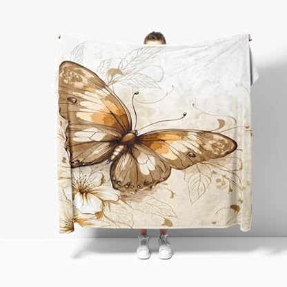 Kuscheldecken XL 130x150 cm Weich Flauschig Goldenes Schmetterlingsmuster Flanell Fleecedecke, Retro Beige Kuscheldecke Warm TV Sofadecke Tagesdecke Kinderdecken, Wohndecke Für Bett