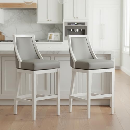 Image of Ellie Bar Height Stool Set of 2 with Backrest - Modern Kitchen & Home Bar Seating with Upholstered Seats, Rubberwood Frames, 360 Memory Return Swivel & Metal Kick Plate by Alaterre Furniture (White)