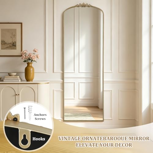 Image of WallBeyond Gold Vintage Full Length Mirror with Stand for Vanity 24x70 Inch, Gold Antique Mirror with Ornate Frame, Arched Vintage for Bathroom, Living Room, Bedroom, Entryway