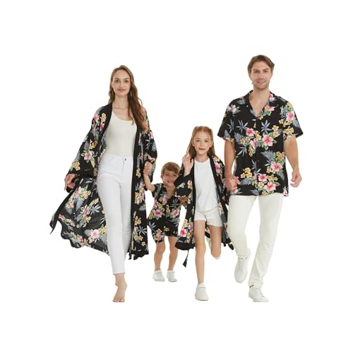 Image of Family Matching Hawaiian Clothes, Hibiscus Black | Black Hibiscus Print • Soft Rayon Fabric • Family Matching Outfits • Vacation Ready • Luau Party Wear