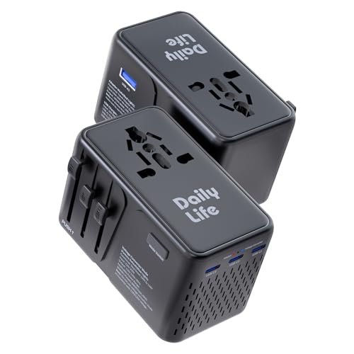 DAILYLIFE 220V to 110V Converter, Travel Adapter US to Europe - Power Converter Adapter Combo with 3 USB C and 1 USB A for US/UK/EU/AU, (1 Pack) - Black