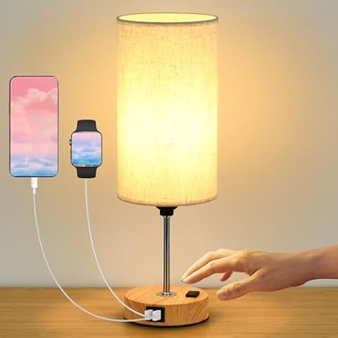JAGORI Touch Table Lamp with USB A+C and Outlet,3 Way Dimmable Bedside Lamp,Desk Lamp for Bedroom,Living Room,Nightstand,(Linen) Cover