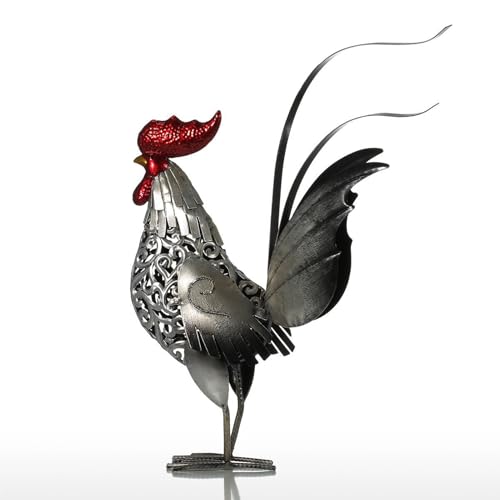 Stgbcst Grande gallo decorativo in metallo – Gallo di ferro, scultura per ingresso, uccello da giardino in metallo, 37 x 10,8 x 40,8 cm (argento)
