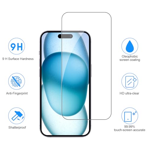 SIBEITU 3 Pack Screen Protector for iPhone 15 Pro Max with 3 Pack Camera Lens Tempered Glass Protector, 6.7 Inch HD Clear 9H Hardness Glass Film Full Coverage, Scratch Resistent, Bubbles Free