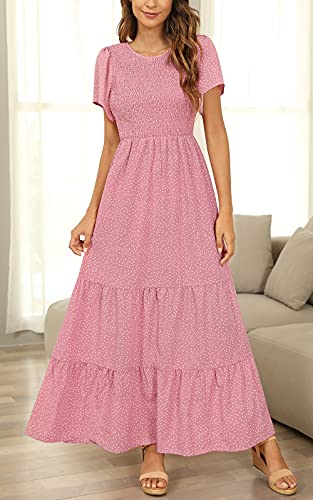 Image of Kranda Women 2025 Summer Fall Crewneck Short Sleeve Smocked Floral Maxi Dress
