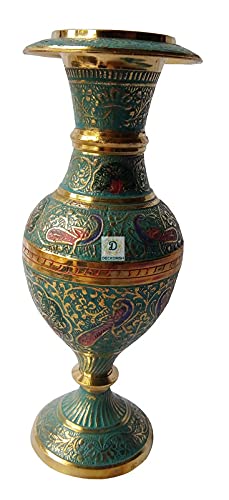 DECKORISH Antique Hand Crafted Kashmiri Glass Pattern Brass Decorative Flower Vase for Living Room 17 CM