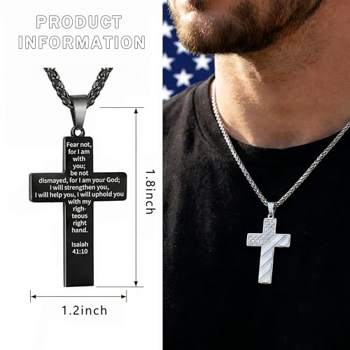 RINHOO 2cps American Flag Cross Necklace for Men Inspirational Bible Verse Cross Pendant Stainless Steel Religious Christian Necklace (Silver+Black-Fear not) - image 2