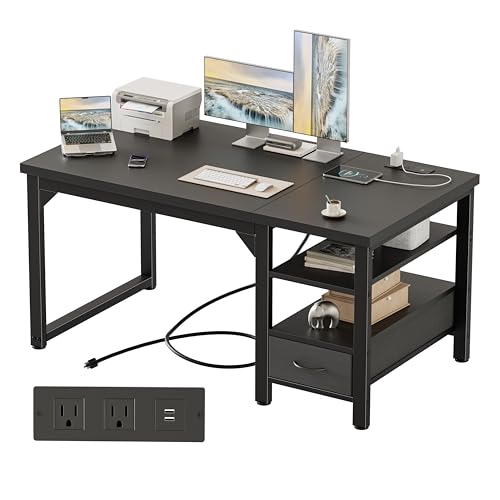 Image of Mericonia 48 inch Computer Desk with Drawer, 1.2 inch Thick Reversible Office Desk | Modern Writing Table with Power Outlets & Storage Shelves, Heavy Duty Industrial Study Desk for Home Bedroom Work