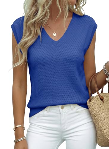 Image of Dokotoo Sweaters for Women 2026 Summer Eyelet Cap Sleeve Knitted Vest V Neck Business Casual Loose Pullover Tank Tops