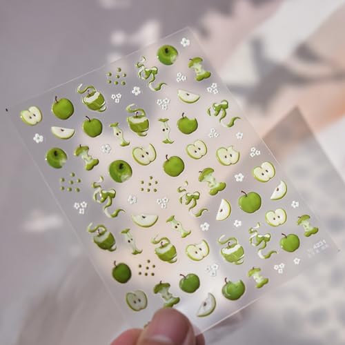 1 Sheet Embossed Nail Stickers for Nail Art Green Apple Nail Art Stickers White Flower Nail Decals Self Adhesive Spring Nails Supplies for Women Girls