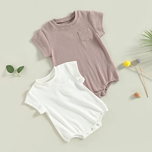 Kmbangi Infant Baby Girl Boy Short Sleeve Crewneck Knitted Ribbed Solid Color Romper Bodysuit Summer One Piece Outfit (White, 6-12 Months) #TOP6