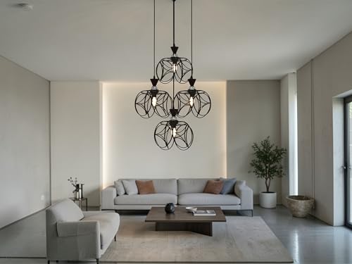 Image of Prop It Up Modern Chandelier Pendant Light for Living Room | Designer Multi-Light Hanging Ceiling Lamp with Metal Cage Shades | Luxury Decorative Lighting for Home, Dining & Staircase | E27 Holder