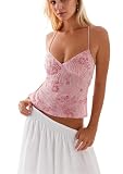 Burtell Women Y2K Floral Sequin Tank Tops V Neck Sleeveless Sparkle Criss Cross Halter Top Rhinestone Open Back Crop Cami Top Pink