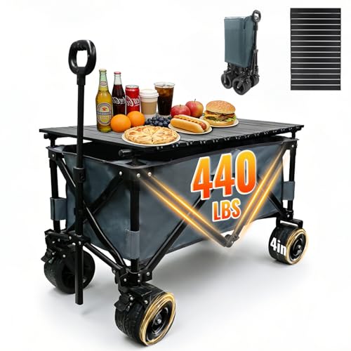 Collapsible Foldable Wagon Cart with Big Wheels and Tabletop Large Capacity 440Lbs Folding Utility Wagon Carts for Sand Beach Camping Shopping Sport (Gray)