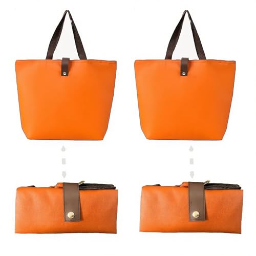 2PCS Foldable shopping tote bag, reusable large one-shoulder tote with zipper, for women's leisure travel, work, supermarket shopping, simple Oxford cloth waterproof tote bag, easy to carry (orange)