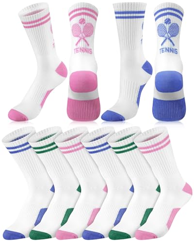 Velmitten 6 Pairs Softball Volleyball Tennis Socks Moisture-wicking Athletic Sports Crew Socks Team Gift for Female Players(Tennis)