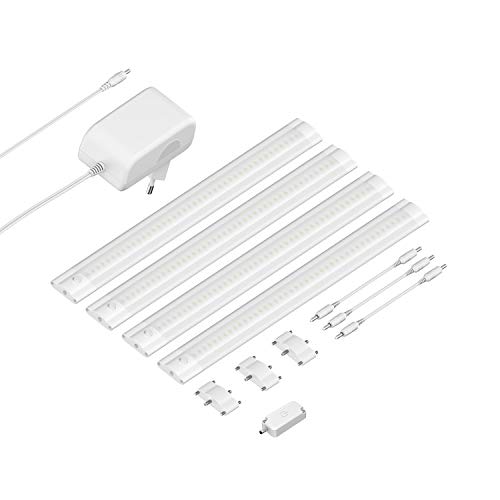 ledscom.de Luce sottopensile a LED SIRIS bianco opaco con dimmer a sfioramento, piatto, 30cm ciascuno, 370lm ciascuno, bianco, set di 4