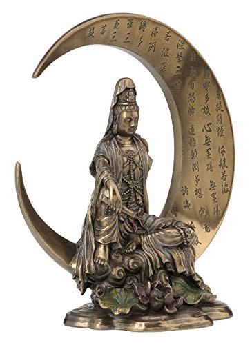 Guan Yin Sitting On Crescent Moon With Heart Sutra Statue Sculpture - Bodhisattva #TOP3