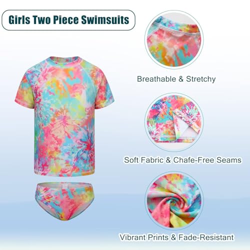 Image of Girls Two Piece Swimsuits Short Sleeve Rash Guard Swim Shirt Bikini Bottom Swim Set Bathing Swim Set Swimwear 3-16 Years