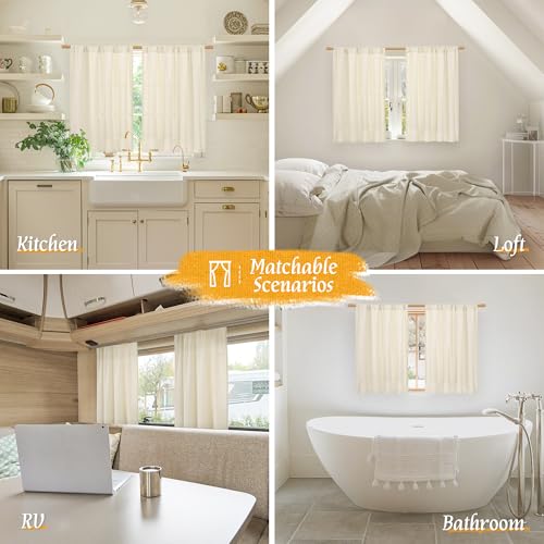 Image of LAMIT 48 Inch Short Window Linen Curtains, Light Beige Soft Thick Light Filtering Panels Rod Pocket Neutral Privacy Faux Linen Drapes for Bedroom /Bathroom /Loft Room, 2 Panels, 42 x 48 Inch