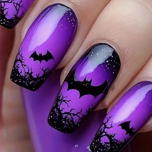 Purple Press on Nails Halloween Fake Nails Coffin Shaped Acrylic ...