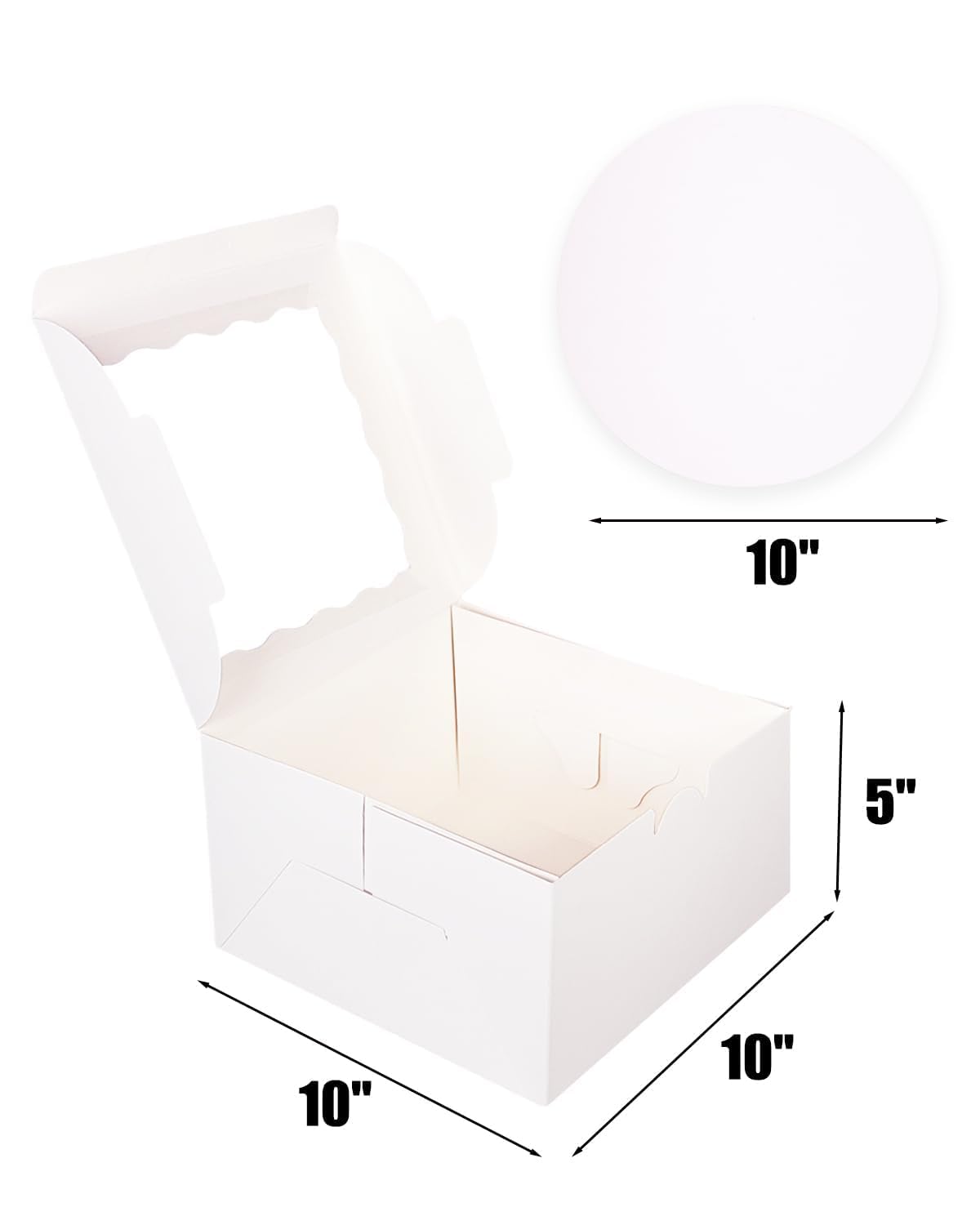 qiqee Caja para tartas de 10 x 10 x 5 pulgadas, 18 juegos de cajas blancas para tartas con ventana y 18 juegos de tablas redondas blancas de 10 pulgadas, recipientes para tartas de 10 pulgadas, cinta