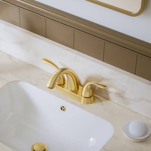 Phiestina Brushed Gold 4 Inch Centerset 2 or 3 Holes 2 Handle Bathroom Faucet, Bathroom Faucet with Copper Pop Up Drain and Water Supply Lines, BF008-5-BG by phiestina - Used condition - Image 9