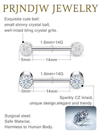 Prjndjw 8-12Pairs 14G 16G Nipple Rings Surgical Steel Tongue Rings Barbell Nipplering Diamond CZ Body Piercing Jewelry Retainer for Women Men 14mm Length Size2