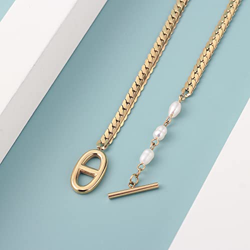 Dasiqi Necklaces For Women Girls Double D Letters Freshwater Pearl Splicing Ot Toggle Clasps 15" Flat Chain (Gold, Stainless Steel) #TOP4