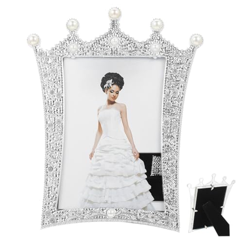 MOBUTOFU Silver Pearl Crown 6-inch Picture Frame, Creative Desktop Photo Holder for Home and Office Tabletop Decoration, Elegant Bedroom and Living Room Ornament
