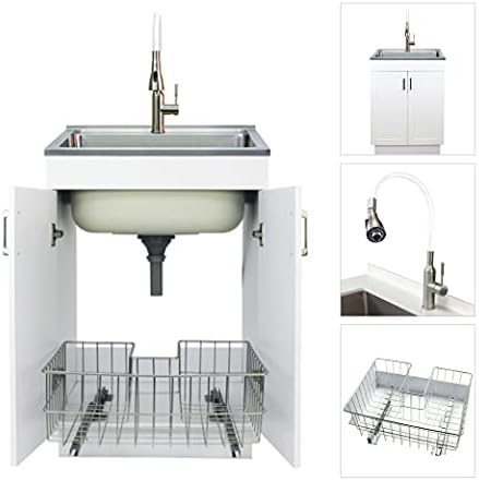Transolid TCB-2420-WC 24-in Laundry Cabinet Sink, Stainless Steel High Arc Faucet, and Basket, White