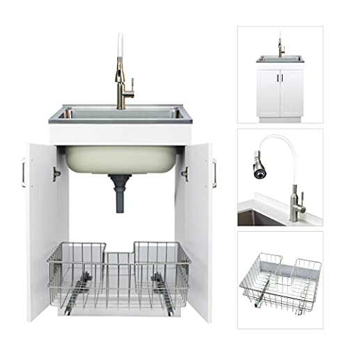 Image of Transolid TCB-2420-WCW 24-in All-in-One Laundry Cabinet with Sink, Stainless Steel High Arc Faucet and Basket in White