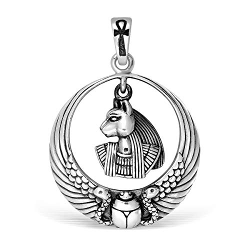 WithLoveSilver 925 Sterling Silver Ancient Egyptian Scarab Goddess With Ankh Bale Pendant (Sekhmet)