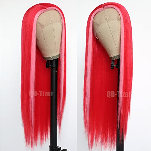 Qd-Tizer Raspberry Red Hair Color Lace Front Wig Long Straight Hair Light Pink Highlights Wig Heat Resistant Fiber Hair Synthetic Lace Front Wigs For Fashion Women #TOP3