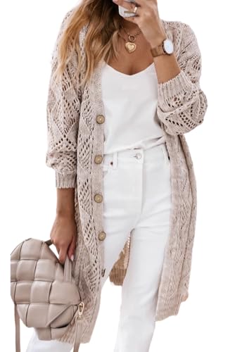 SELINK Women's Cardigan Sweater Casual Hollow-Out Openwork Knit Cardigan Solid Long Sleeve Open Front Daily Outwear