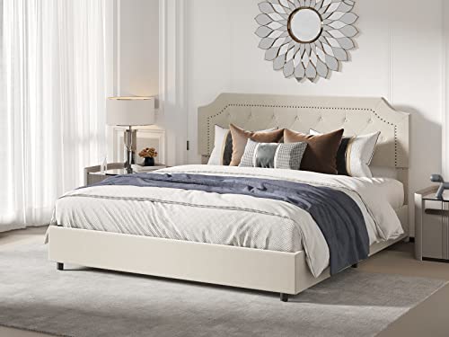 Bonsoir Full Size Bed Frame Upholstered Low Profile Traditional Platform With Tufted And Nail Headboard/No Box Spring Needed/No Bed Skirt Needed/Linen Fabric Upholstery/Color Of Sand (Sand, Full Size) #TOP5