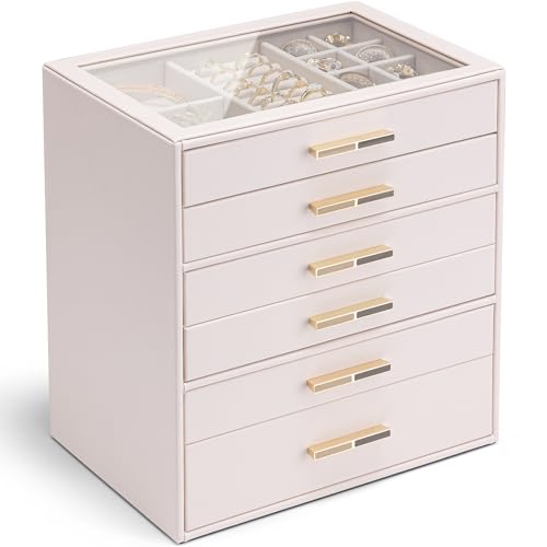 Vlando Jewellery Box for Women, Glass Lid Jewellery Organiser with 6 Drawers for Ring, Necklace, Earring, Bracelet,Gift for Women,Pink 6 Layer B.pink