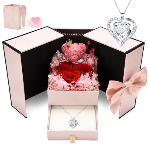 CSYY Konservierte Rosen Ewige Rose Geschenke für Frauen Rose Reinweiße Herzförmige Halskette Handgefertigte Konservierte Rosen Schmuck Geschenkbox Geschenk für Mama Schwester Ehefrau