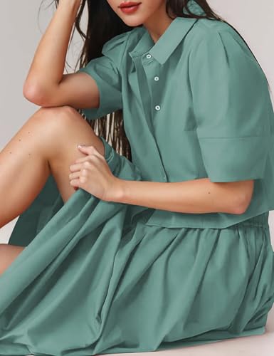 Image of Womens Summer 2 Piece Outfits Skirt Sets Button Short Sleeve Tops Elastic Waist Maxi Dress Sets with Pockets